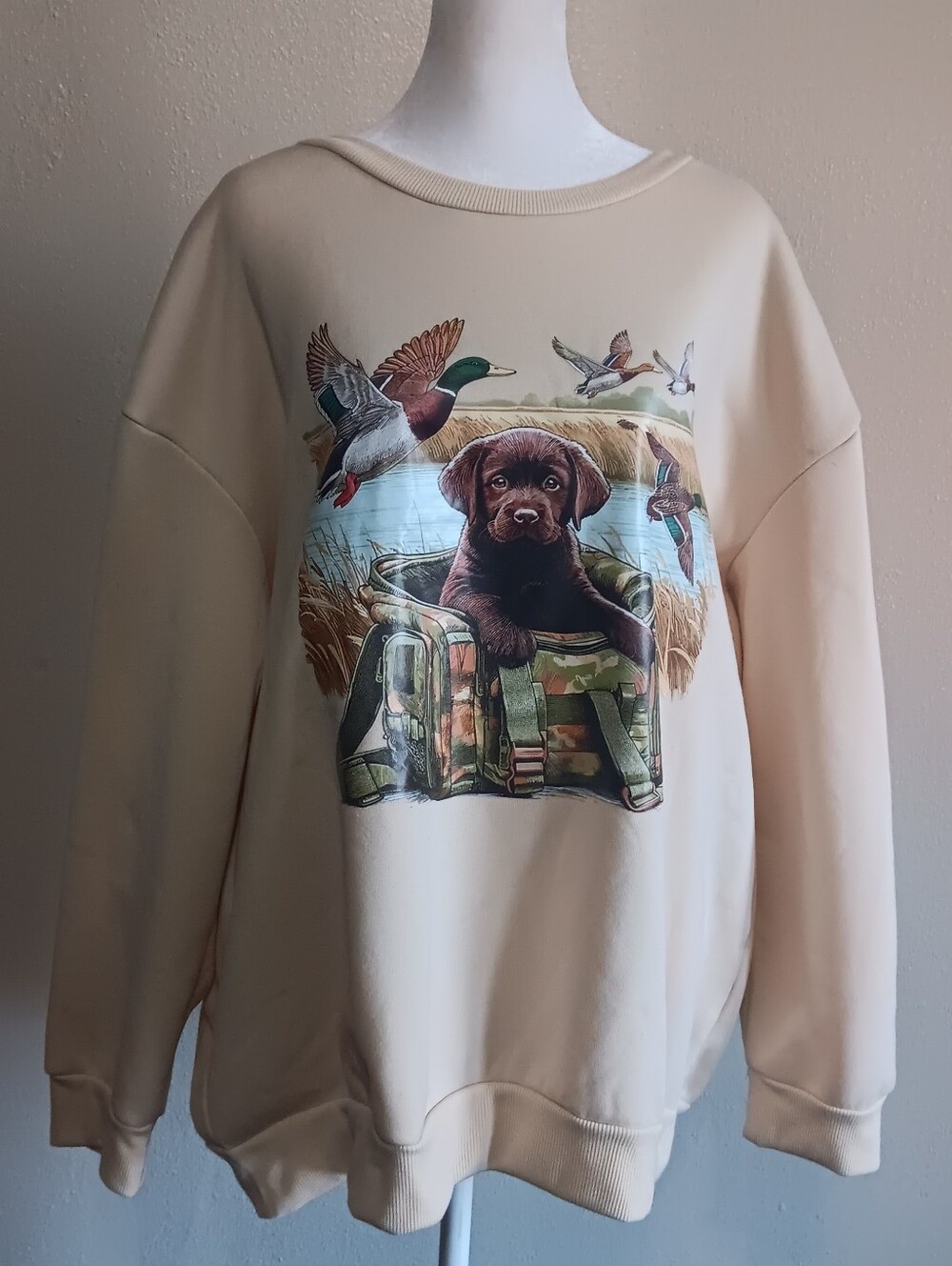 Lab Puppy Dog & Duck, Cream Graphic 2XL Pullover Sweatshirt, Outdoor Hunting